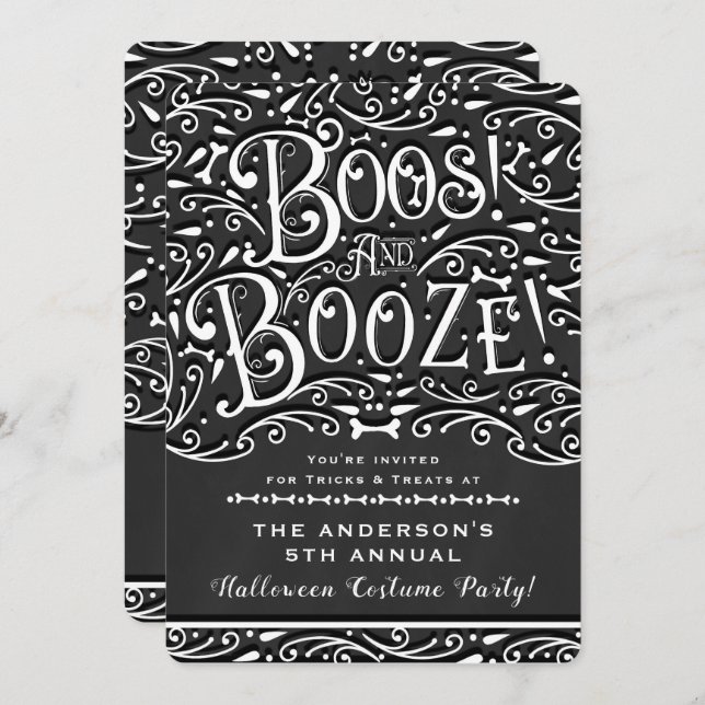 Boos & Booze Vintage Chalk Elegant Halloween Party Invitation (Front/Back)