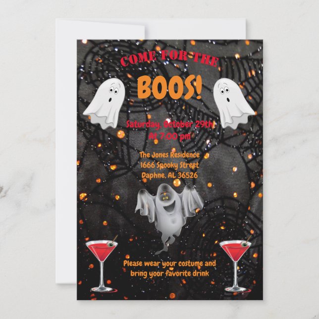 Boos, Drinks, and Ghost Halloween Party Invitation (Front)