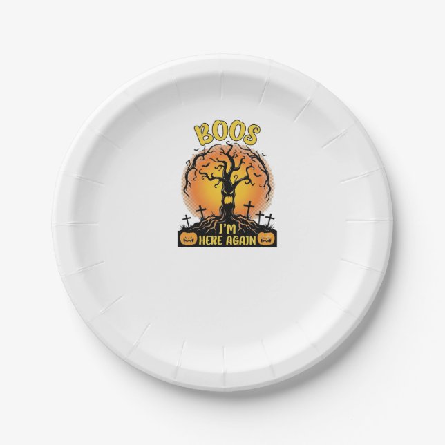 Boos Im Here Again Halloween Spooky Tree Pumpkins  Paper Plate (Front)