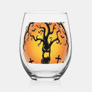 Boos Im Here Again Halloween Spooky Tree Pumpkins Stemless Wine Glass