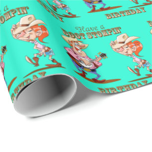 Boot Stompin' Birthday Western Cowboy Cowgirl Blue Wrapping Paper