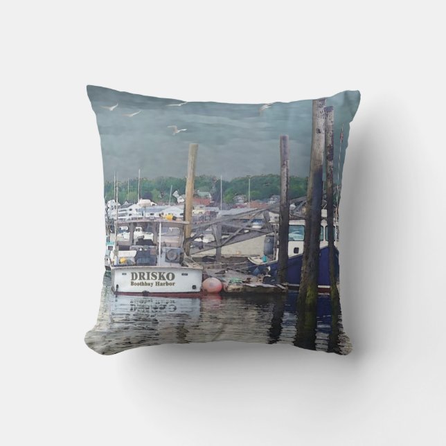 Boothbay Harbour Maine Boats Outdoor Throw Pillow (Front)