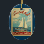Boothbay Harbour Sailboat Vintage Travel Maine Ceramic Tree Decoration<br><div class="desc">This Greetings From Boothbay Harbour Maine vintage travel nautical design features a boat sailing on the water with seagulls and a blue sky filled with gorgeous puffy white clouds.</div>