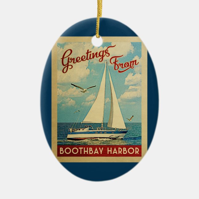 Boothbay Harbour Sailboat Vintage Travel Maine Ceramic Tree Decoration (Front)