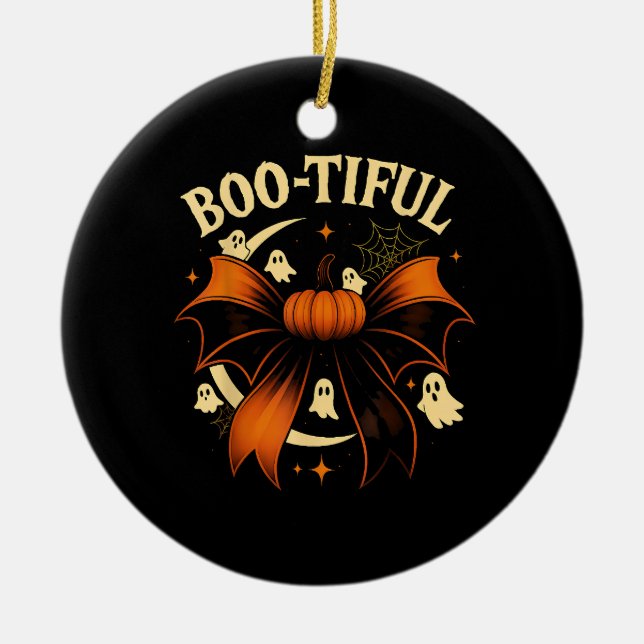  Bootiful Funny Halloween Coquette Bow Pumpkin  Ceramic Tree Decoration (Front)