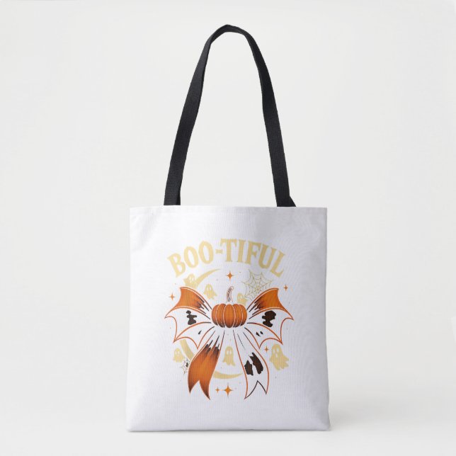  Bootiful Funny Halloween Coquette Bow Pumpkin  Tote Bag (Front)