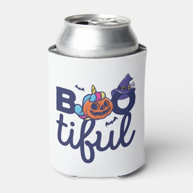 Bootiful Halloween Funny Unicorn Pumpkin lantern Can Cooler (Can Front)