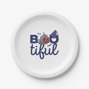 Bootiful Halloween Funny Unicorn Pumpkin lantern Paper Plate