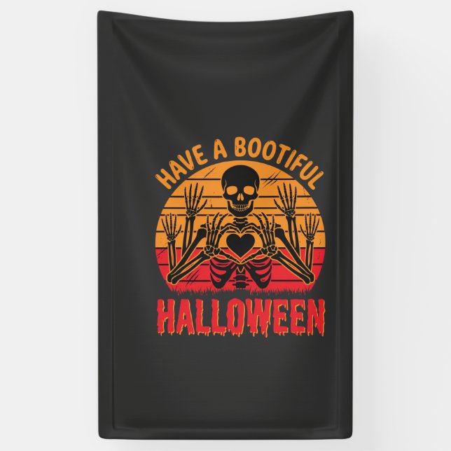 Bootiful Halloween Skeleton Heart Retro Sunset Des Banner (Vertical)