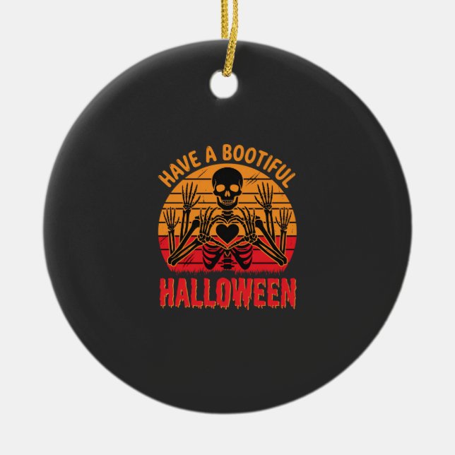 Bootiful Halloween Skeleton Heart Retro Sunset Des Ceramic Tree Decoration (Front)