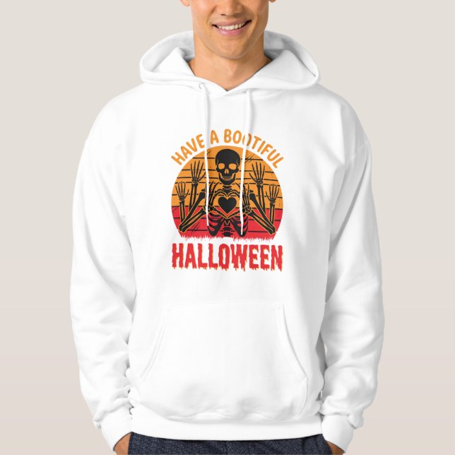 Bootiful Halloween Skeleton Heart Retro Sunset Des Hoodie (Front)