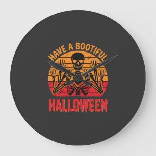 Bootiful Halloween Skeleton Heart Retro Sunset Des Large Clock
