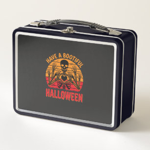 Bootiful Halloween Skeleton Heart Retro Sunset Des Metal Lunch Box