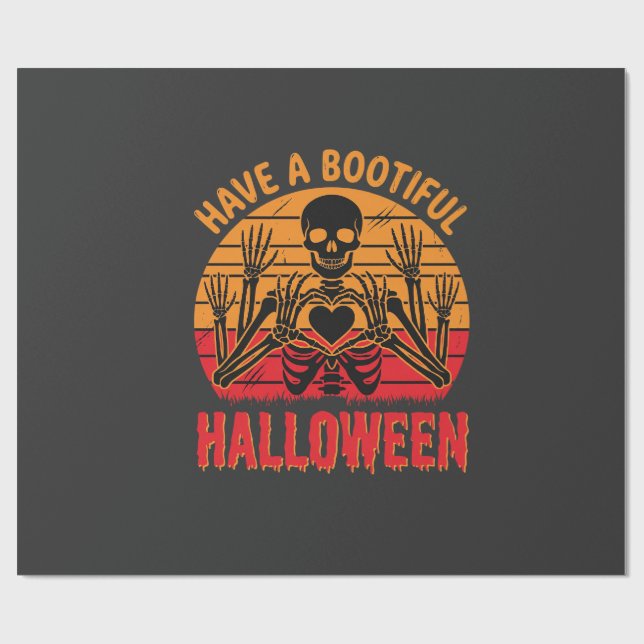Bootiful Halloween Skeleton Heart Retro Sunset Des Wrapping Paper (Flat)