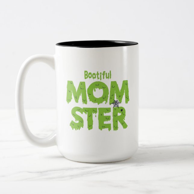 Bootiful Momster Mum Funny Halloween Puns Two-Tone Coffee Mug (Left)