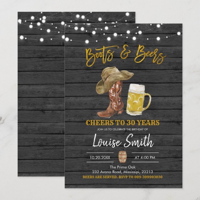 Boots and Beers Adult Birthday Invitation (Front/Back)
