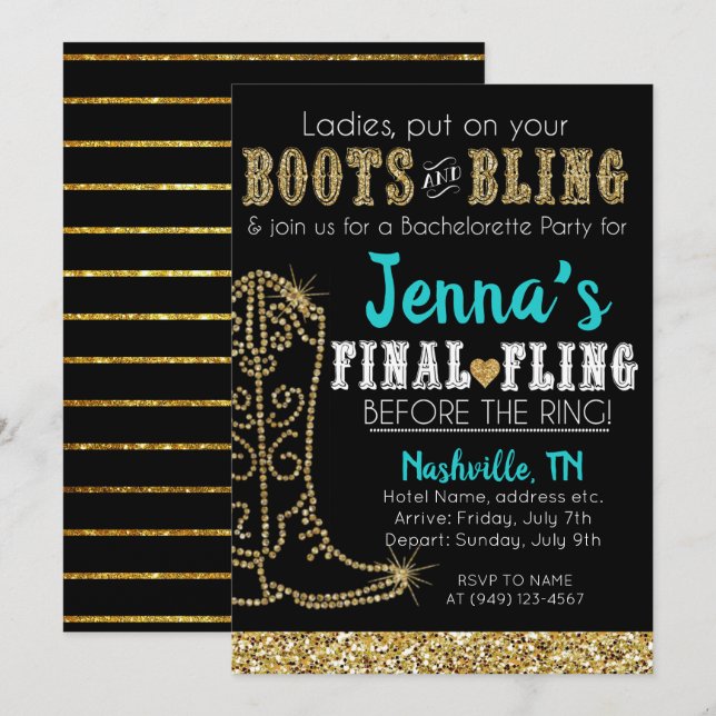 Boots and Bling Country Western Nashville Party Invitation (Front/Back)
