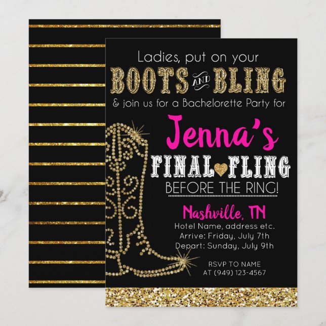 Boots and Bling Country Western Nashville Party Invitation (Front/Back)