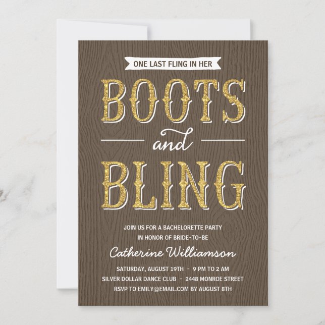 Boots and Bling | Glitter-Look Bachelorette Party Invitation (Front)