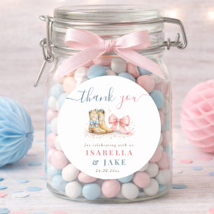 Boots And Bows Gender Reveal Thank You Classic Round Sticker