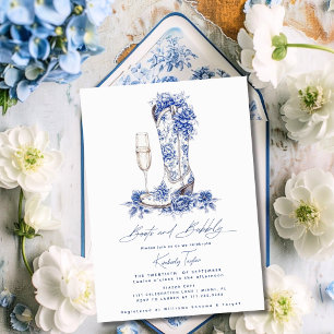 Boots And Bubbly Blue Chinoiserie Bridal Shower Invitation