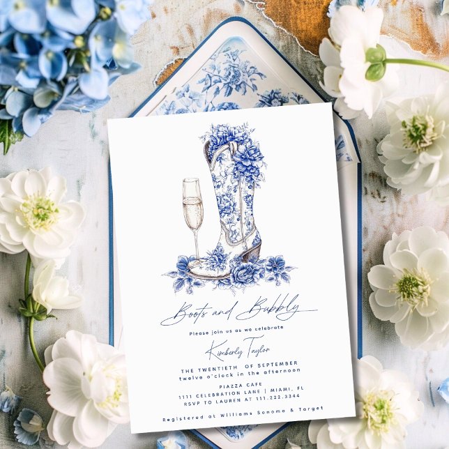 Boots And Bubbly Blue Chinoiserie Bridal Shower Invitation (Creator Uploaded)