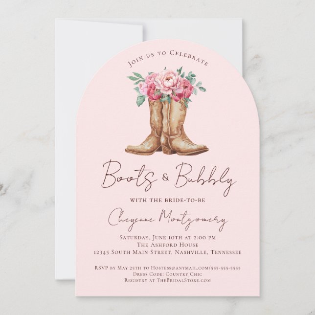 Boots and Bubbly Blush Pink Floral Bridal Shower Invitation (Front)