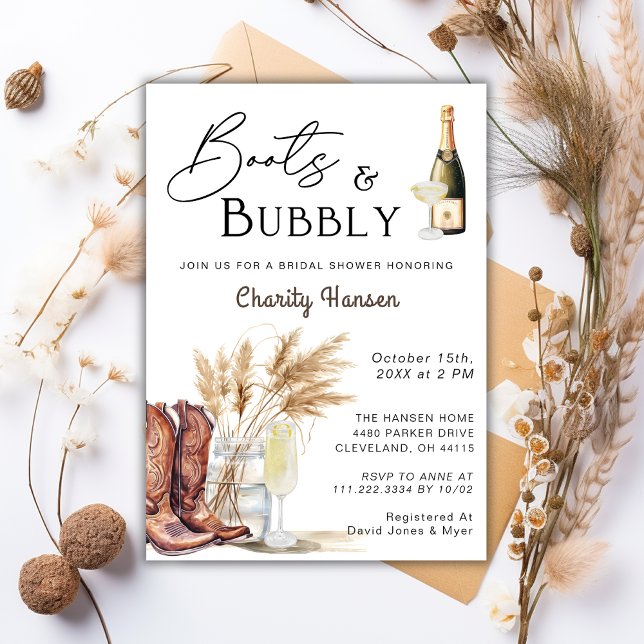 Boots And Bubbly Boho Pampas Grass Bridal Shower Invitation (Creator Uploaded)
