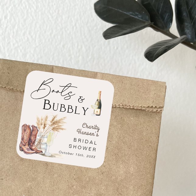 Boots And Bubbly Boho Pampas Grass Bridal Shower Square Sticker (Creator Uploaded)