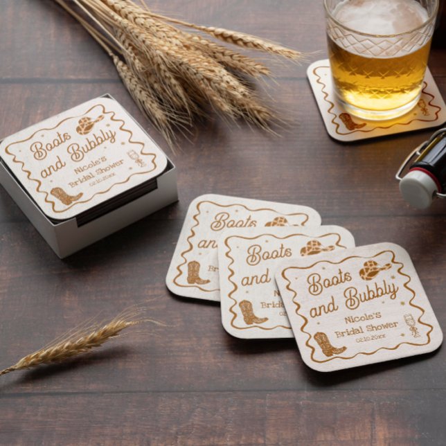Boots and Bubbly Bridal Shower Square Paper Coaster (Creator Uploaded)