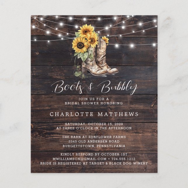 Boots and Bubbly Budget Bridal Shower Invitation (Front)