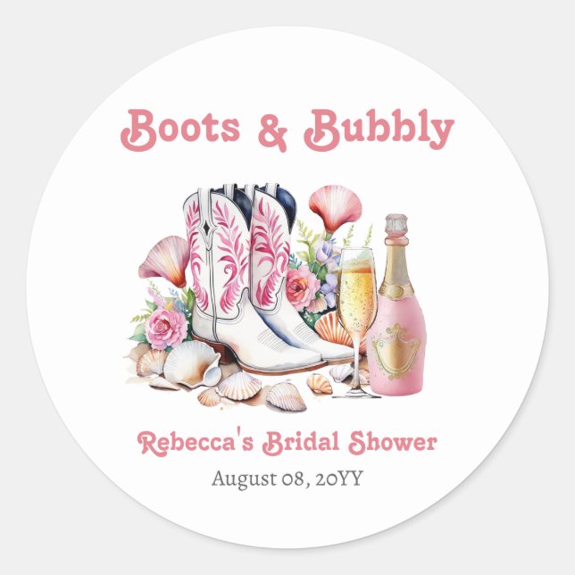 Boots and Bubbly Coastal Cowgirl Bridal Shower Classic Round Sticker (Front)