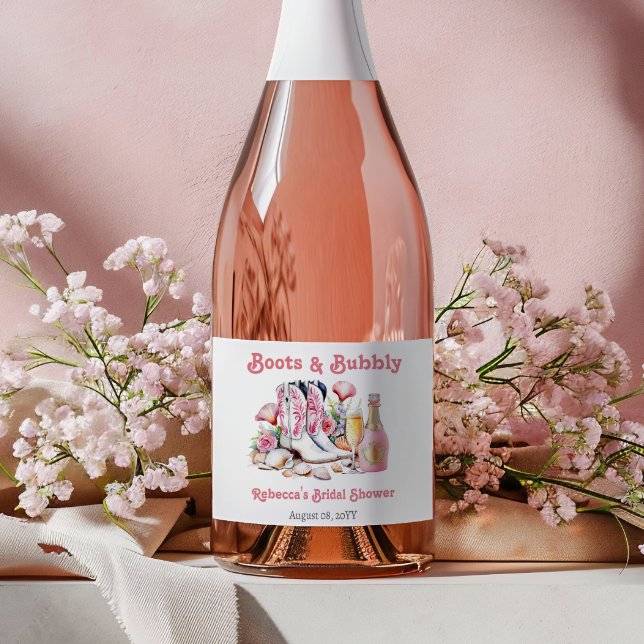 Boots and Bubbly Coastal Cowgirl Bridal Shower Sparkling Wine Label (Creator Uploaded)