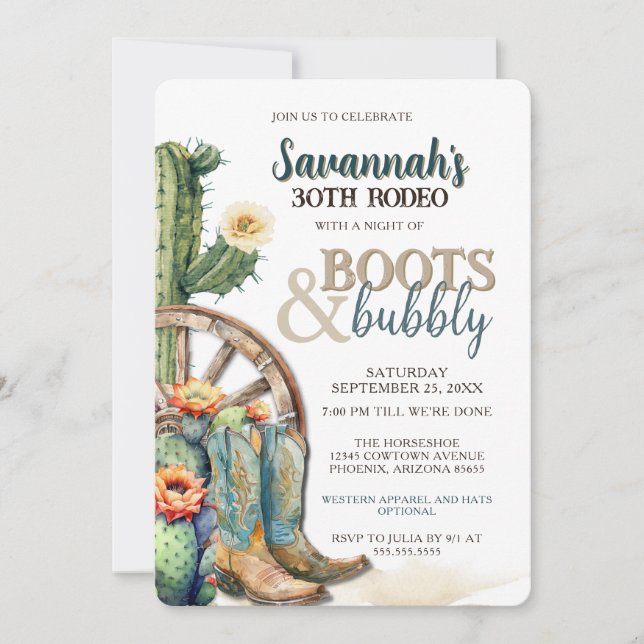 Boots and Bubbly Country Cowgirl 30th Birthday Invitation (Front)