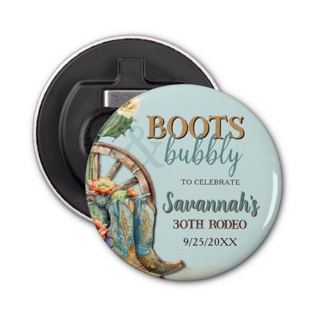 Boots and Bubbly Country Cowgirl Aqua Birthday Bottle Opener (Front)