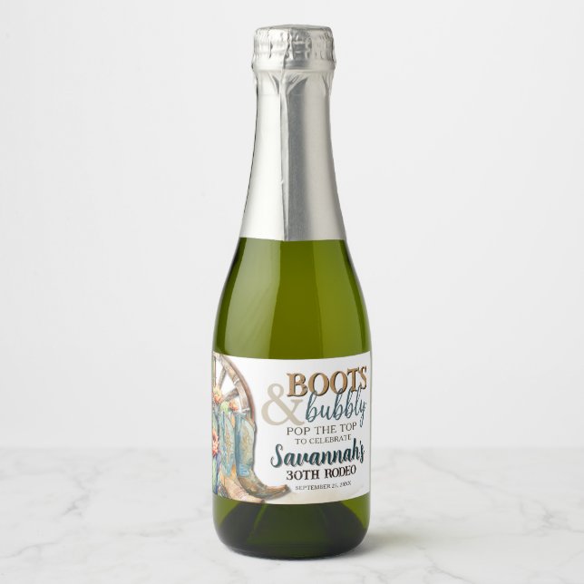 Boots and Bubbly Country Cowgirl Western Birthday Sparkling Wine Label (Front)