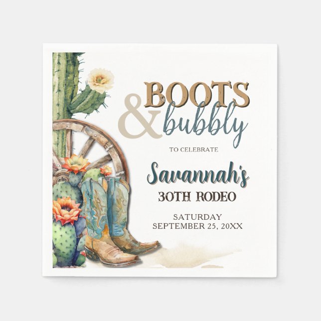 Boots and Bubbly Cowgirl Western Rodeo Birthday Napkin (Front)