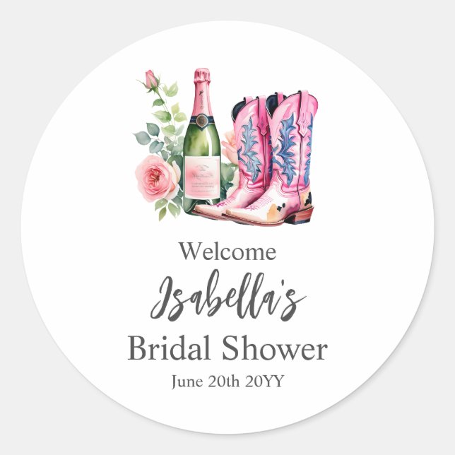 Boots and Bubbly Pink Bridal Shower Classic Round Sticker (Front)