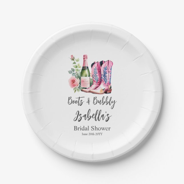 Boots and Bubbly Pink Bridal Shower Paper Plate (Front)