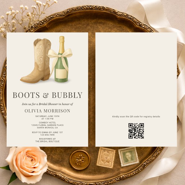 Boots and Bubbly QR Code Bow Bridal Shower Invitation (Creator Uploaded)