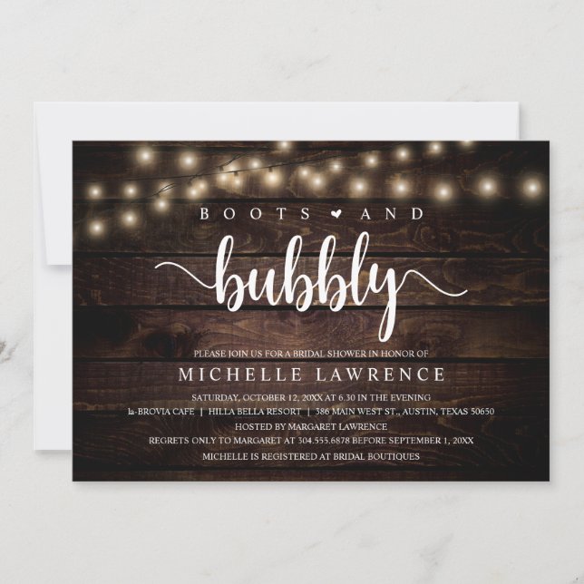 Boots and Bubbly, Rustic Bridal Shower Celebration Invitation (Front)
