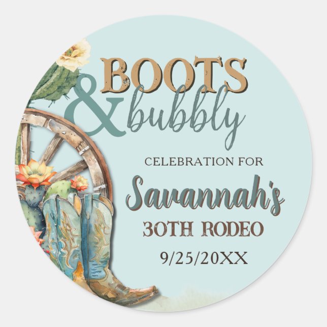 Boots and Bubbly Rustic Cowgirl Aqua Blue Birthday Classic Round Sticker (Front)