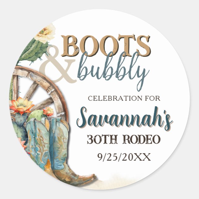 Boots and Bubbly Rustic Cowgirl Rodeo Birthday Classic Round Sticker (Front)