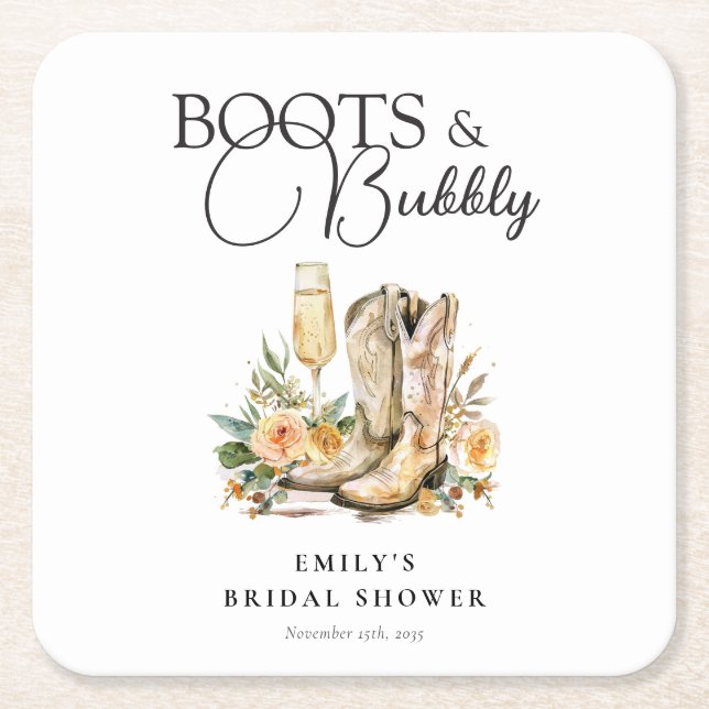 Boots and Bubbly Western Bridal Shower Square Paper Coaster (Front)