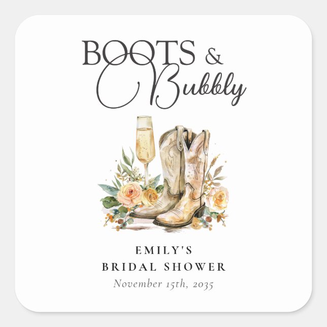 Boots and Bubbly Western Bridal Shower Square Sticker (Front)