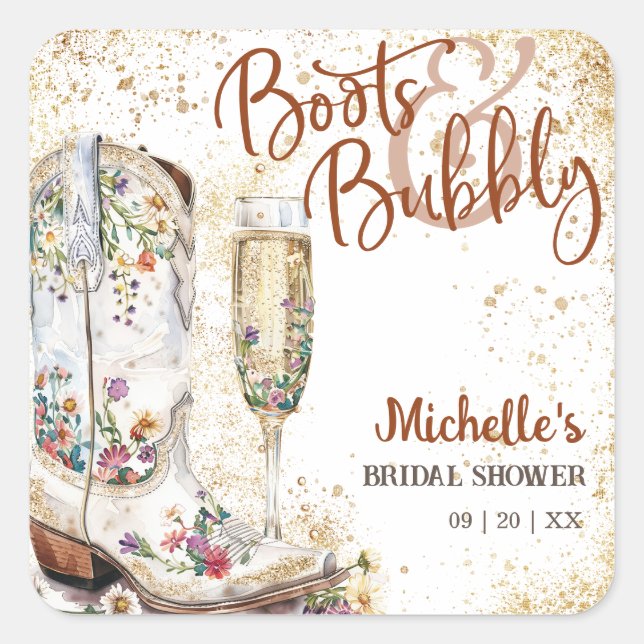 Boots and Bubbly Western Bride Wild West Country Square Sticker (Front)