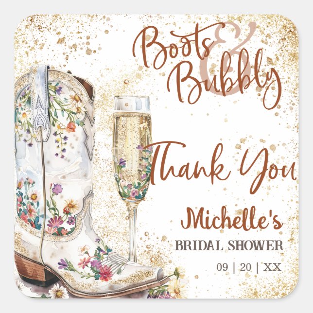 Boots and Bubbly Western Country Thank You Square Sticker (Front)