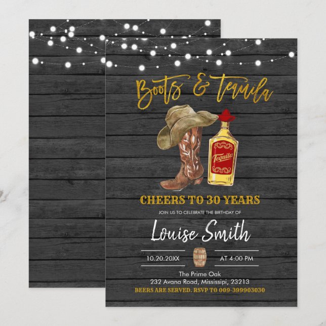 Boots and Tequilla Adult Birthday Invitation (Front/Back)