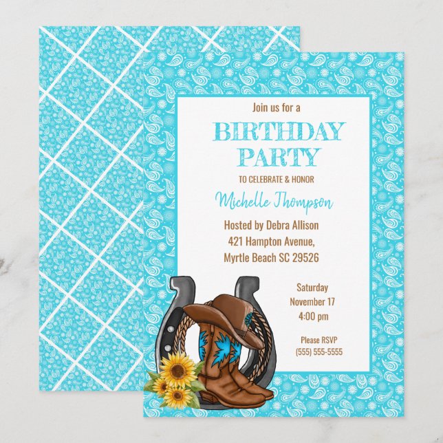 Boots Bandanna Sunflower Birthday Invitation (Front/Back)