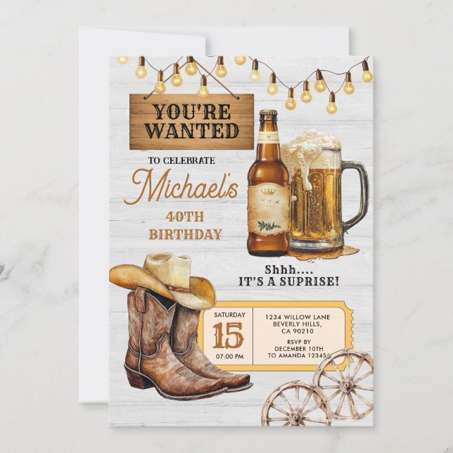 Boots & Beers Surprise Adult 40th Birthday Party Invitation (Front)